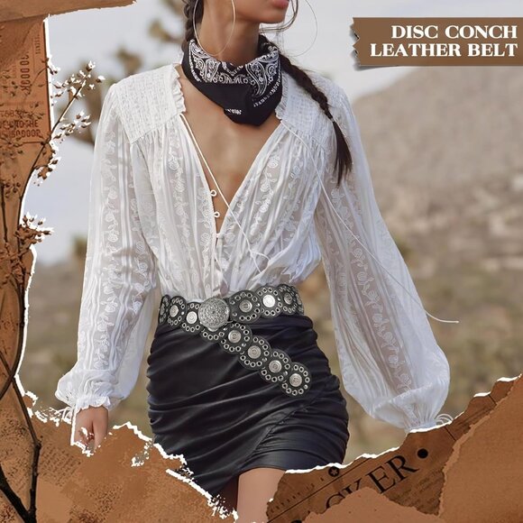 Women Vintage Disc Waist Concho Leather Belt Boho Waist Belt Black Silver Buckle - Picture 6 of 7